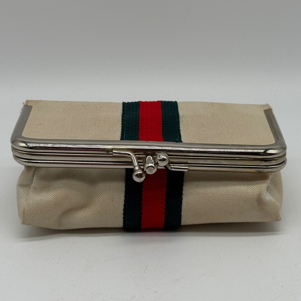 Vintage 70s Red Green Web Stripe Double Kiss Lock Travel Sewing Manicure Case